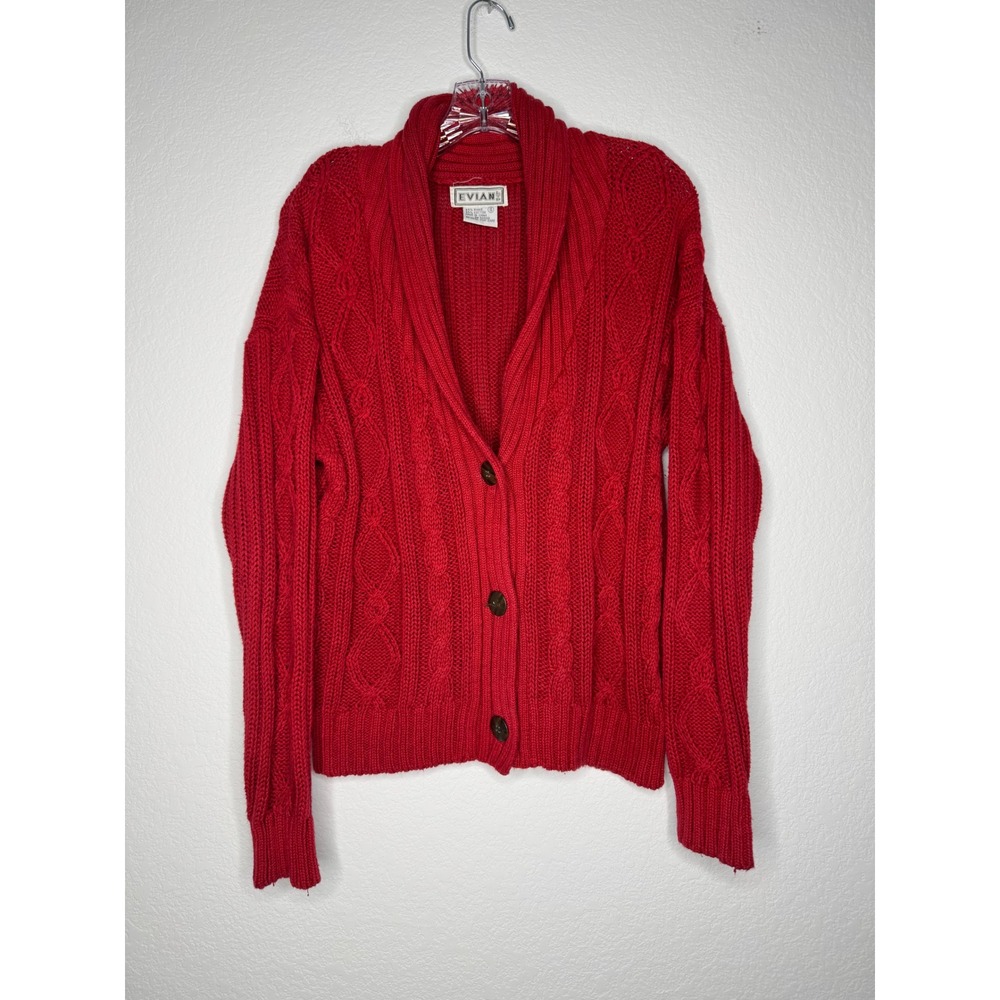Evian LTD Red‎ Cable Knit Cardigan Shawl Collar Sweater Womens Size S Ski Chalet